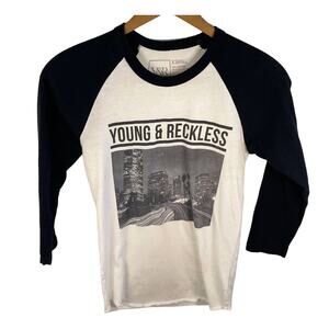 Black and White Cityscape Casual Young and Reckless Varsity T Shirt Twilight